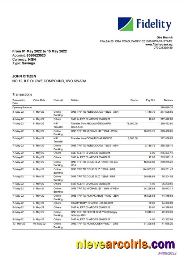 Nigeria Fidelity bank statement